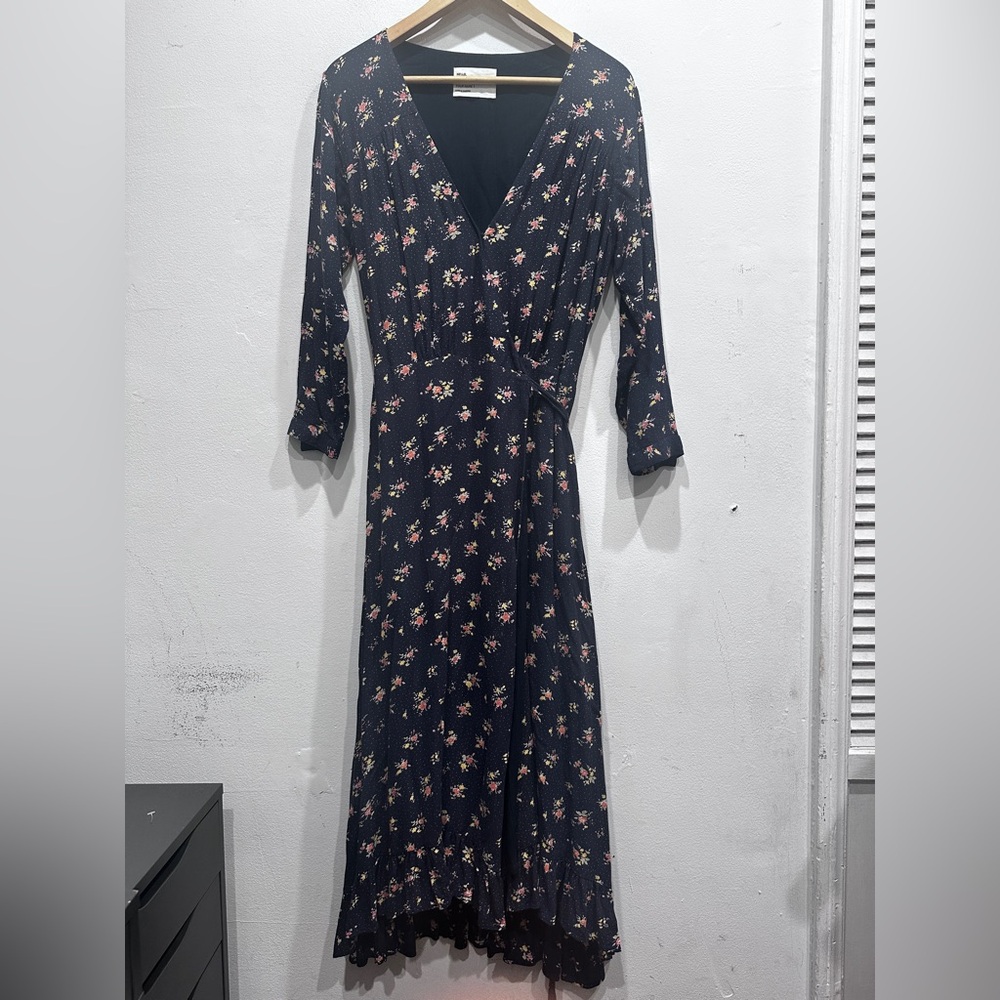 Leon & Harper wrap navy blue floral midi dress 3/4 sleeve cottage core medium